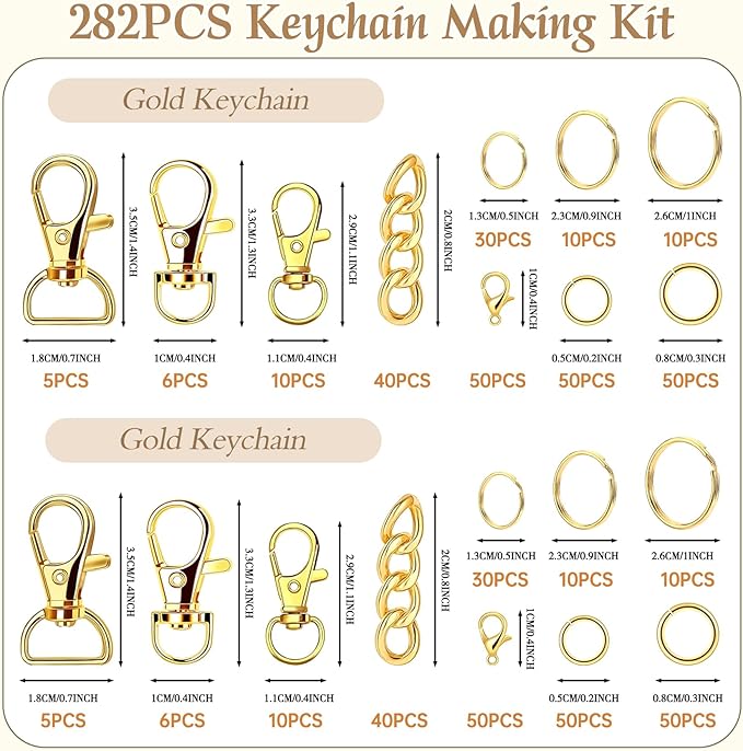 Prdingfy 282PCS Keychain Making Kit, Keychain Craft Supplies Including Key Chain Hooks, Lobster Clasps, Key Rings and Jump Rings for Key Chain Making and Jewelry Making(Gold)