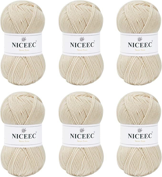 NICEEC 300g Soft Assorted Colors Yarn - Sport Weight,100% Acrylic, 4 Ply, Bonbons Yarn for Crochet & Knit, DIY Project Starter Kit for Kids or Adults(Total 870yds) - Cream White