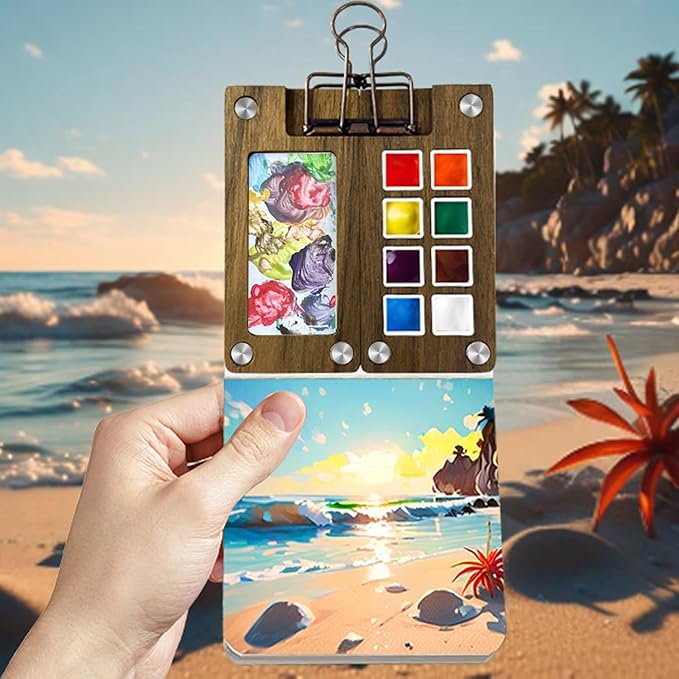 Mini Watercolor Paint Set, Travel Paint kit, Pocket Watercolor Set with Paint, Brush, Sketchbook & Copper Clip, Watercolor Travel Kit for Beginners, Artists & Painting Enthusiasts