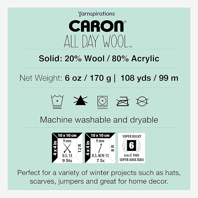 Caron All Day Wool Slated Yarn - 3 Pack of 170g/6oz - 80% Acrylic 20% Wool - # 6 Super Bulky - 108 Yards - Knitting/Crochet