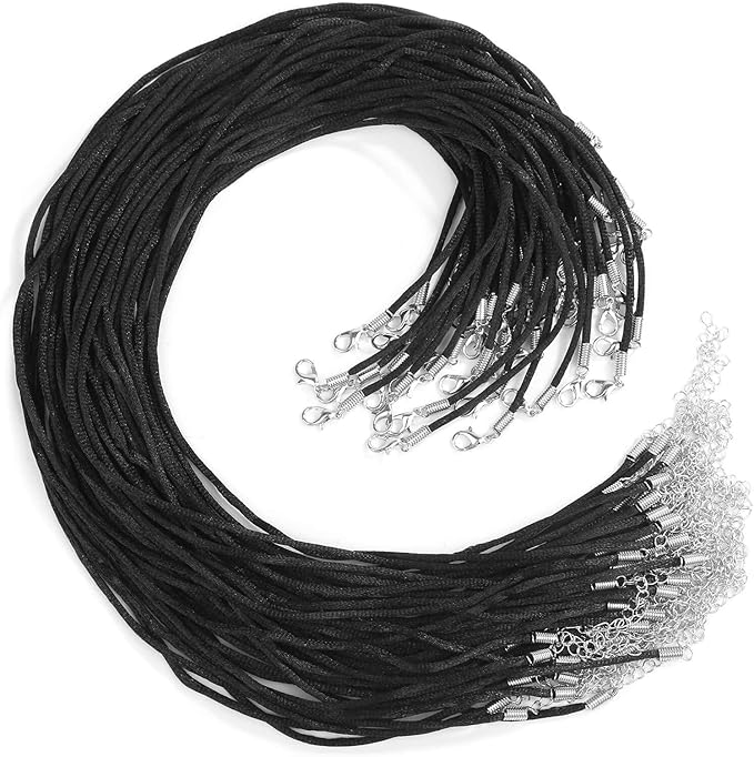 Selizo 50Pcs Satin Silk Necklace Cord with Lobster Clasp and Extension Chain for Necklaces Making and Beading (18 Inches, Black)