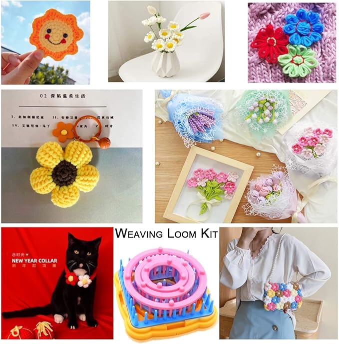 Knewmart Weaving Loom Kit, 8pcs Flower Maker Wool Knitting Ball Maker Weaving Tools Knitting Craft Weaver Loom - with Needle (Flower Maker + Pom Maker + Scissors)