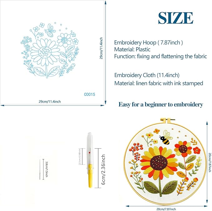 Zhenqing Bees & Flowers Embroidery Kit 11.4x11.4cm - 4-Piece Complete Cross Stitch Set with Pre-Printed Fabric, Threads, Hoop, Needles & Instructions | DIY Craft for Adults, Beginners-Friendly (C0046)