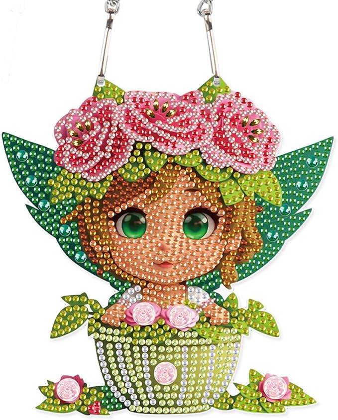 AiYuanzsh DIY Girl in Teacup Diamond Art Hanging Kit, Acrylic Crystal Stained Glass Diamond Painting Pendant with Chain for Home Wall Decor Ornament Gift for Adults