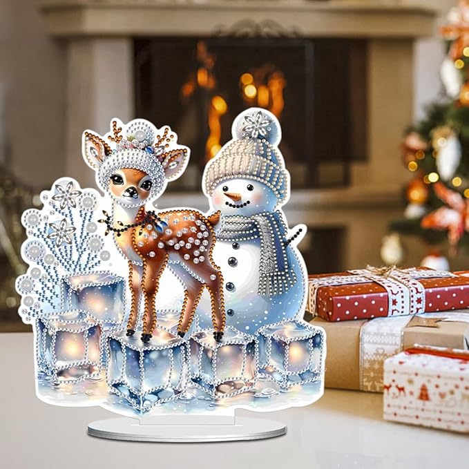 LAKEQUILL Christmas Desktop Diamond Art Kit for Adults Christmas,DIY Stand Up Double Sided Special Shaped Diamond Art Desktop Ornaments for Home Office （Adorable Snowman Fawn）