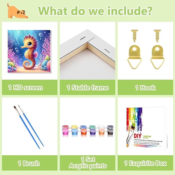 Reivworl Paint by Numbers Kit for Kids with Frame and Easel, Seahorse Paint by Number for Kids Age 6-8-12, Paint by Numbers Kits for Gifts and Home Decor - 8X8Inch
