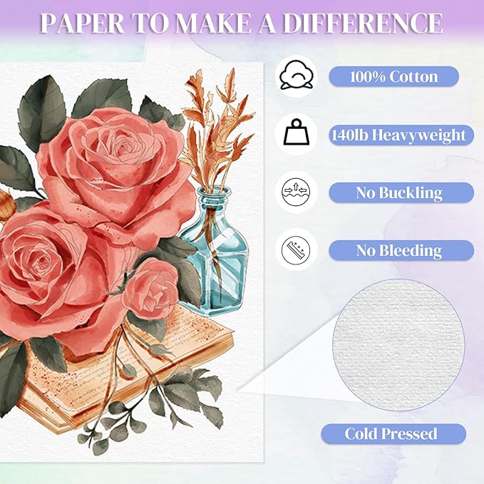 Vashly Watercolor Coloring Book Kit for Adults - Complete 24-Color Paint Set with Brush, 8.3"x5.8" Premium 100% Cotton Paper Pad, Beginner-Friendly Floral Art Therapy & Stress Relief Workbook