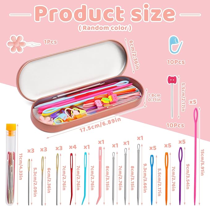 61Pcs Plastic Large Eye Sewing Needles Set, Yarn Needles Bent Tapestry Needles, Sewing Needles, Large Eye Blunt Needles with Colorful Stitch Markers and Straight Pins for Knitting Crochet Sewing