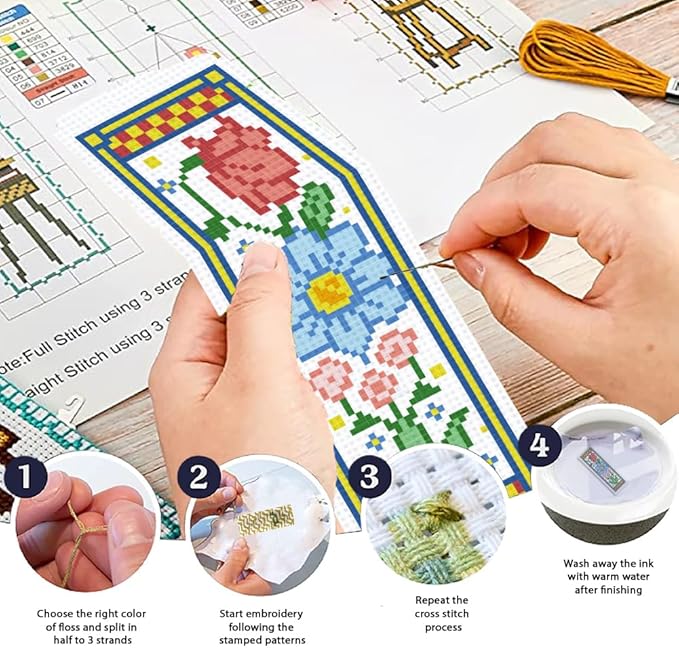 ORIGACH 6 Set Medieval Garden Flower Cross Stitch Bookmark Kit for Beginner with Backing Felt Floss Instructions DIY Stamped Embroidery Bookmark Kit for Adults, Book Lovers
