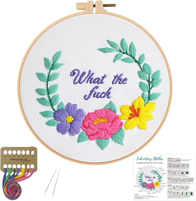 Louise Maelys Funny Embroidery Kits for Beginners,Cross Stitch Kit for Adults Starters,DIY Needlepoint with Floral Flower Wreath Pattern