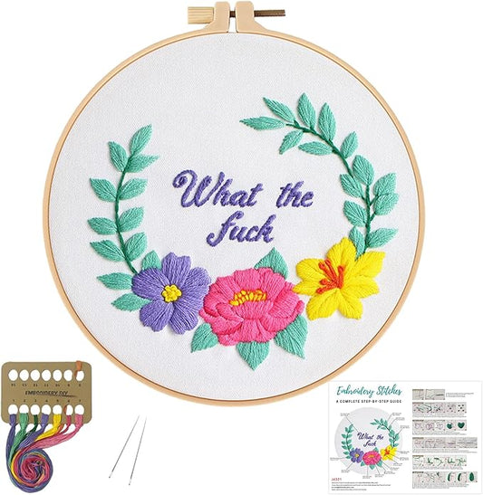 Louise Maelys Funny Embroidery Kits for Beginners,Cross Stitch Kit for Adults Starters,DIY Needlepoint with Floral Flower Wreath Pattern