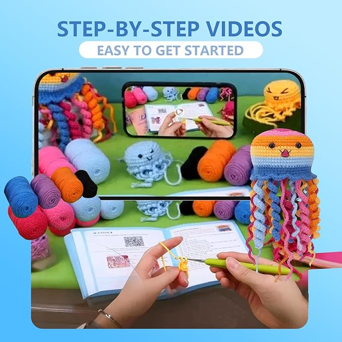 Blossvane Beginners Crochet Kit for Adults - 6 Pack Magical Jellyfish, Complete Starter Amigurumi Kit with Easy Step-by-Step Video Tutorials, Learn to Crochet Kit for All Ages