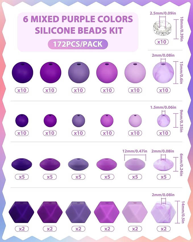 172PCS FIVEIZERO Silicone Beads for Keychain Making, 6 Mixed Colors Silicone Focal Beads Kit, 9mm & 15mm Round Lentil Hexagon Bead & Rhinestone Spacer Bead for Jewelry Making & Bracelets (Purple)