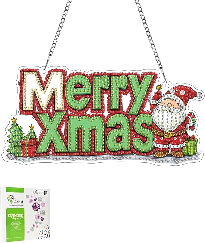 LOMSIOY Diamond Art Hanging Kit for Adult, Christmas Front Door Sign Window Decor for Outdoor, Santa Claus Double Sided Summer Decor Suncatcers for Porch, Hanging Pendants for Garden Wall （8x8 Inch