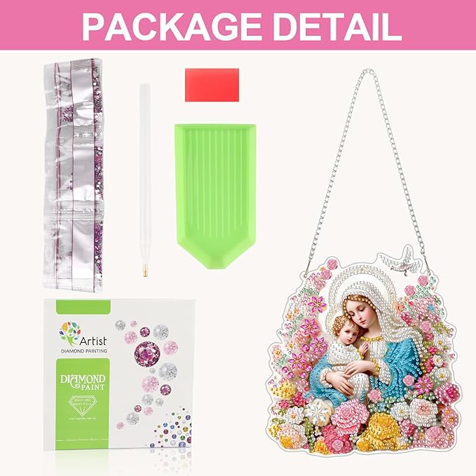 CEOVR Virgin Mary Hanging Diamond Art Kits for Adults, Nativity Special Shape Religious Diamond Painting DIY Gem Art, Windows Pendant with Chain, Acrylic Home Garden Decor, Box Kit 7.05x7.62In
