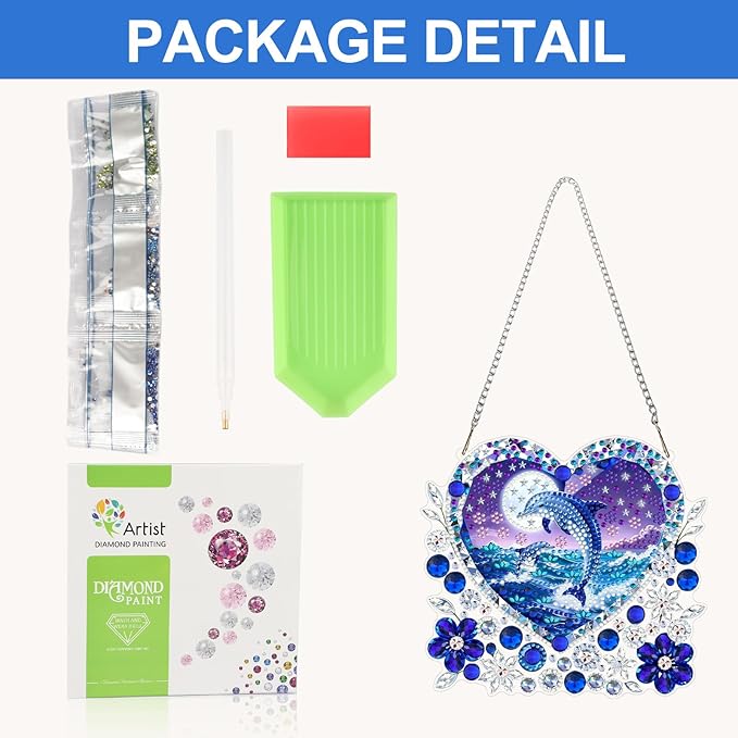 CEOVR Dolphin Hanging Diamond Art for Adults, Ocean Dolphin Love Diamond Painting Pendant DIY Gem Art Wall Ornament, Acrylic Home Garden Decor with Chain, Box Kit 7.87×7.12inch