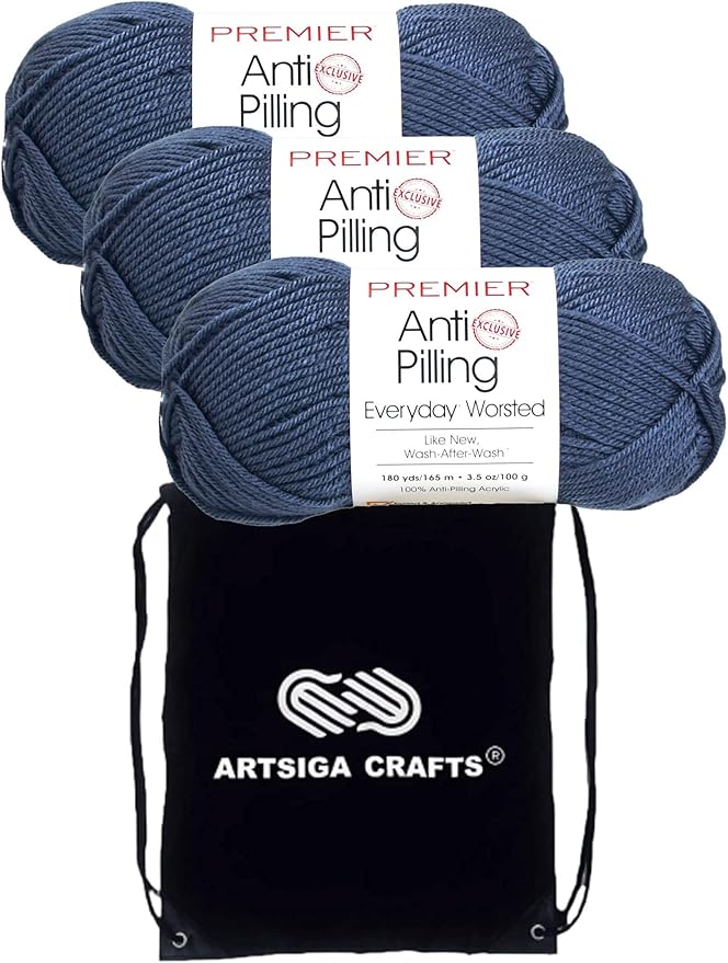 Premier Yarns Everyday Anti-Pilling Solid Blueberry DN100-84 (3-Skeins - Same Dye Lot) #4 Worsted Weight Acrylic Yarn for Crocheting and Knitting with Project Bag