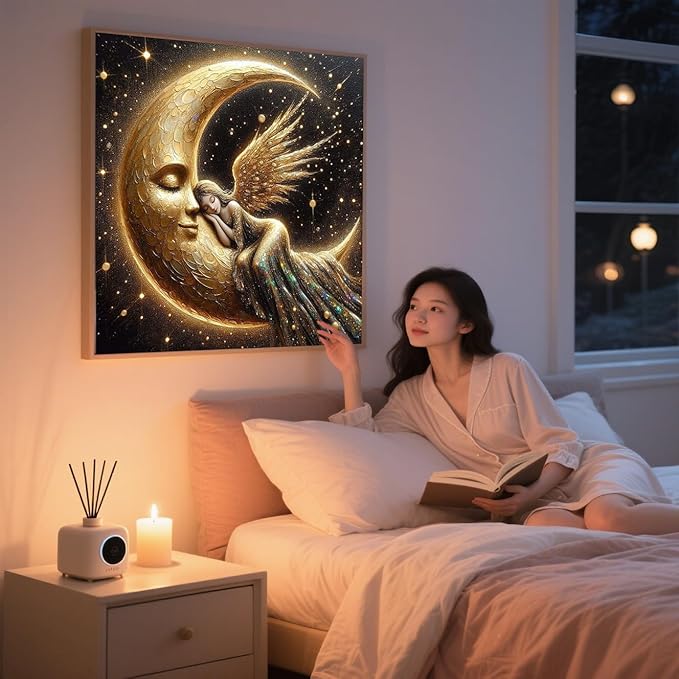 ijbnhd Diamond Art Kits for Adults, 5D Fairy Diamond Painting Kits for Adults Beginners, DIY Full Drill Angel Wings Moon Gem Art Kits for Wall Home Decor 14 X 14inch