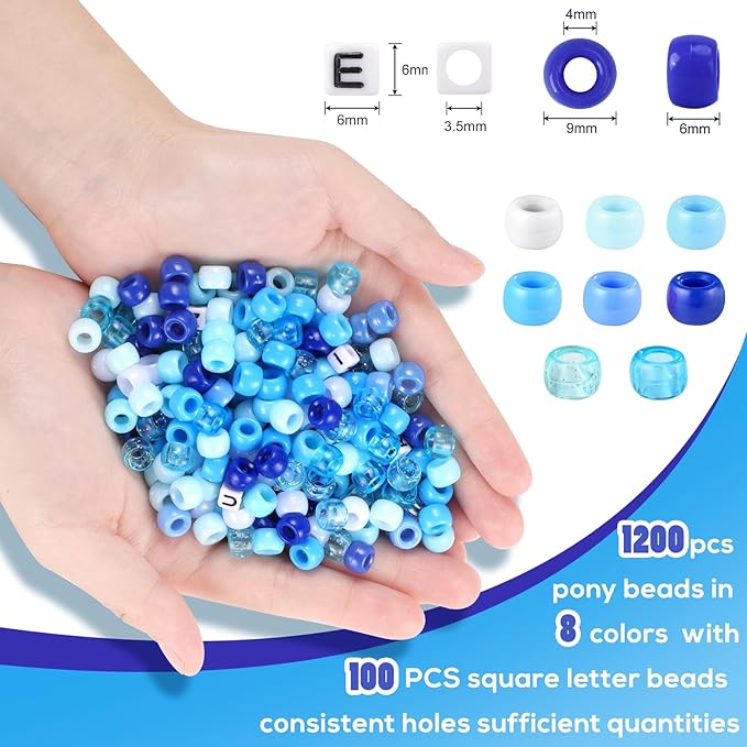 Blue and White Pony Beads, 1200Pcs 6x9mm Pony Bead Bulk and 100Pcs Square Letters, Large Hole Hair Bead for Braids for Girls Kids, Plastic Kandi Beads for Bracelets Jewelry Making DIY Crafts(8 Colors)