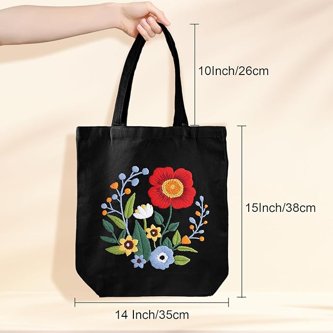Louise Maelys Embroidery Kits Canvas Tote Bag for Beginners,Cross Stitch Kit for Adults,DIY Crafts and Arts Needlepoint with Florals Pattern,Women Shopping Reusable Grocery Bags