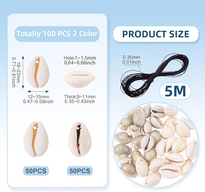 Cheriswelry 100Pcs Natural Shell Beads for Bracelet Making Cowrie Shells Spacer Beads Summer Beach Sea Shell Bead 18-23mm for DIY Necklace Earring Jewelry Making with Waxed Cotton Cords