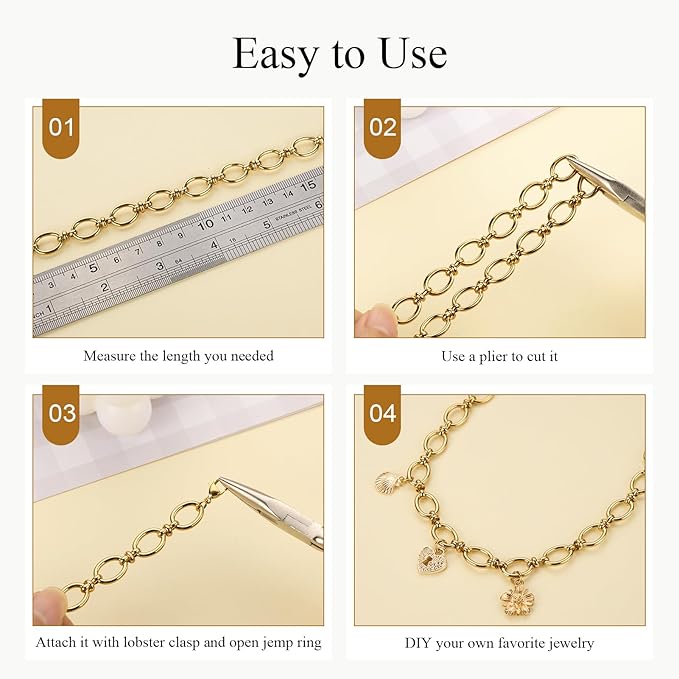 2 Meters Gold Chain for Jewelry Making Stainless Steel Oval Rolo Jewelry Making Chains with Lobster Clasps and Jump Rings