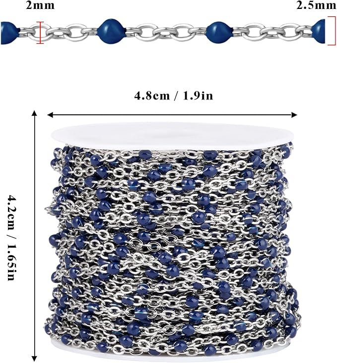 33 Feet Stainless Steel Enamel Chains Bulk, 2mm 304 Stainless Steel Navy Blue Enamel Beaded Cable Link Chain Roll Spool for Jewelry Making