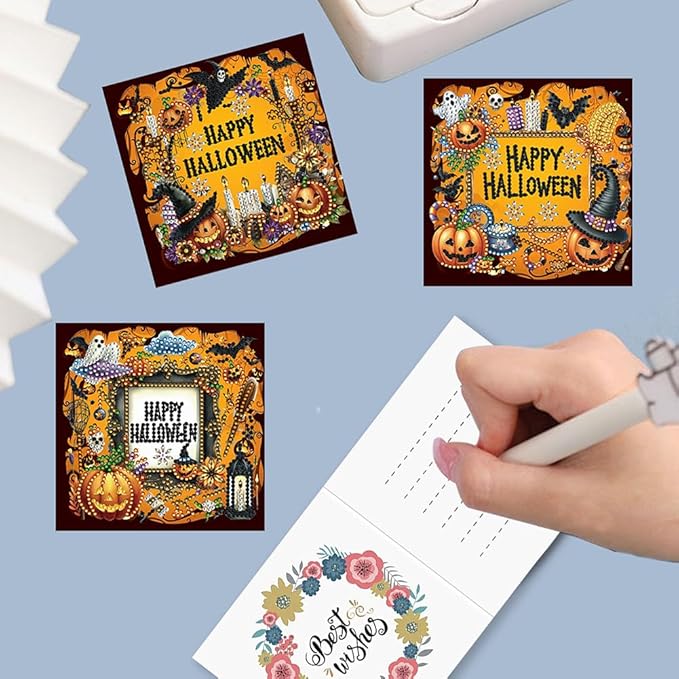 5D DIY Diamond Painting Greeting Card Kit, Diamond Art Halloween Pumpkin Gnome Holiday Greeting Card, Art Crafts Kit Creative Gift with Envelope (5pcs-Black)