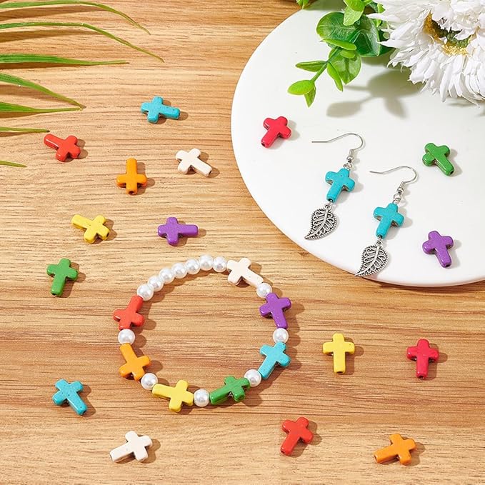 SUNNYCLUE 1 Box 100Pcs Cross Beads Bulk Small Easter Cross Beads Synthetic Magnesite Stone Crucifix Crosses White Red Blue Pocket Quilts Crucifix Charms for Jewelry Making Beading Kit Supplies