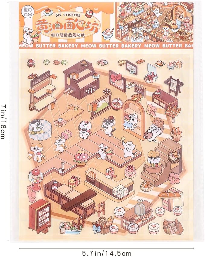 DIY 3D House Scene Stickers - 4 Sets, Warm Home, Supermarket, Bakery, Flower Shop,Cute Fun Stacking Miniature Cartoon for Adult Kids Relief Stress Pass The Time