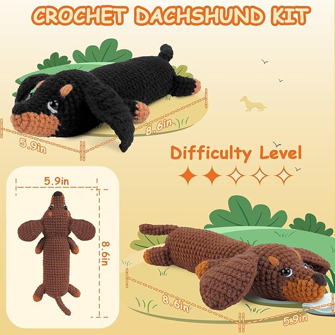 crochet kit for beginners - 2 pcs dachshund crochet kits with step-by-step video tutorials, beginner crochet kit for adults, crochet animal kit, dog craft knitting kit crochet gifts valentine's day