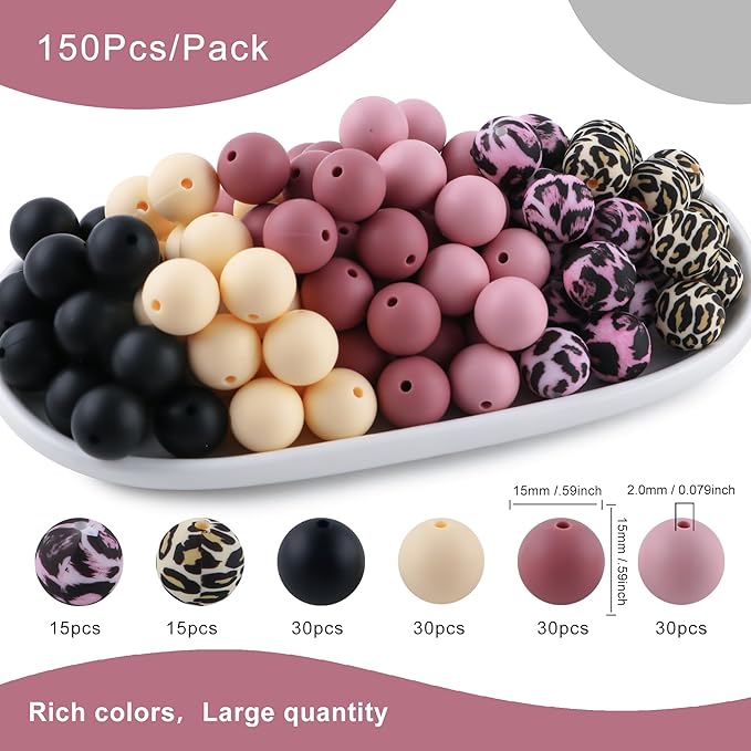 150Pcs Mixed Color 15mm Silicone Beads for Keychain Making, Beige Blush Leopard Print Silicone Beads for Pens and Bracelet Jewelry Making