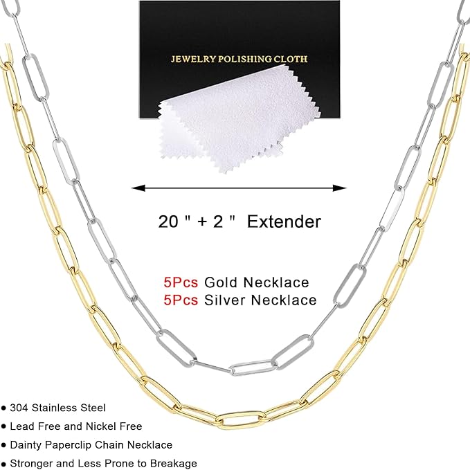 10 Pcs Paperclip Chain Necklace for Women 20 Inch Stainless Steel Gold Silver Charm Necklace Chains Adjustable Link Chains with Lobster Clasps Polishing Cloth for DIY Women Jewelry Making Supplies