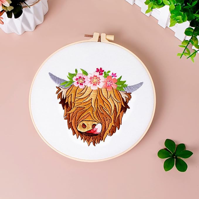 Louise Maelys Highland Cow Stamped Embroidery Kits for Beginners, Cross Stitch kit for Adults Include Instruction,Cloth,Hoop, Needles, Color Threads