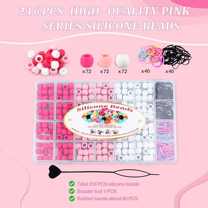 AD Beads 216PCS 6x9mm Soft Pony Silicone Beads for Hair, Pink Series with 80 Elastic Bands, Tool and Storage Box Kit for Braids, Bracelet, Crafts.