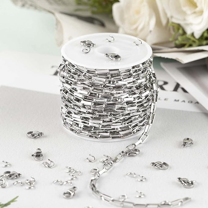 KYUNHOO 16.4 Feet Silver Stainless Steel Chain for Jewelry Making Long Box Link Chains Bulk on Spool for DIY Women Necklace Jewelry Supplies with Jump Rings and Lobster Claps