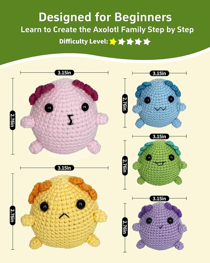 Fortilo Crochet Kit for Beginners 5PCS Crochet Animals Axolotl with Keychains with Step-by-Step Video Tutorials 30% Extra Yarn, Perfect for Gifts, Ideal Knitting Kit for Adults, Kids