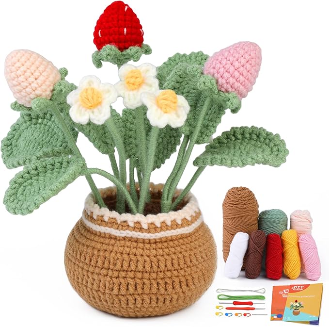 kgxulr Crochet Kit for Beginners, Strawberry Crochet Kit Beginner Crochet Starter Kit for Complete Beginners Adults, Crocheting Knitting Kit with Step-by-Step Video Tutorials (Strawberry)