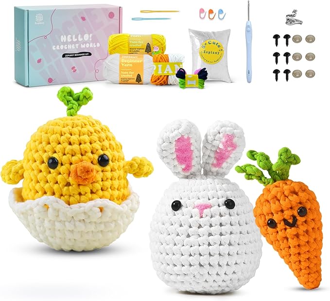 Zepiany Crochet Kit for Beginners, Bunny Egg-Chick Amigurumi Knitting Kit with Crochet Yarn, Easy Crocheting Kit for Beginner Starter Adults with Step-by-Step Video for Easter Women's Day Gift