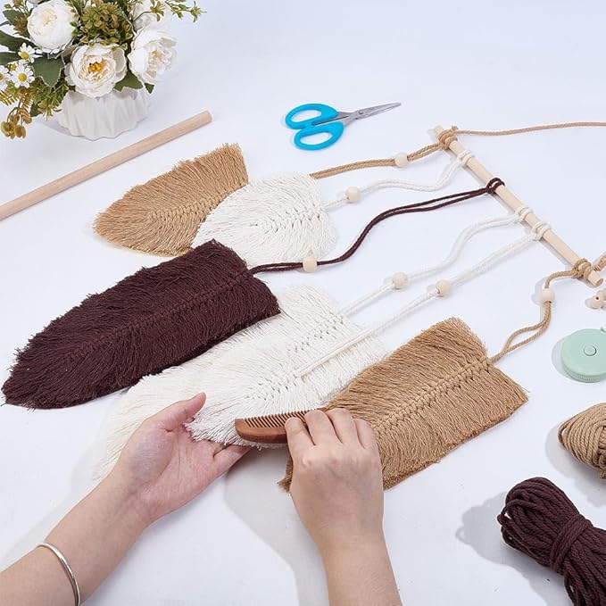FREEBLOSS DIY Macrame Leaf Wall Hanging Beginners Macrame Kit Leaf Woven Tapestry Feather Wall Hanging DIY Macrame Kit for Adults Birthday Gift (Grey&White)