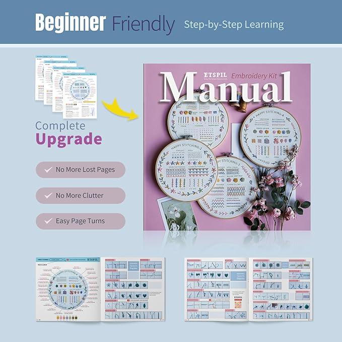 ETSPIL Beginner Embroidery Kit for Adults & Teens – 33 Stitches, Stamped Plant & Wreath Patterns, Hoop, Threads & Tools, Video & Manual Instructions, Easy & Fun DIY Gift for Craft Lovers