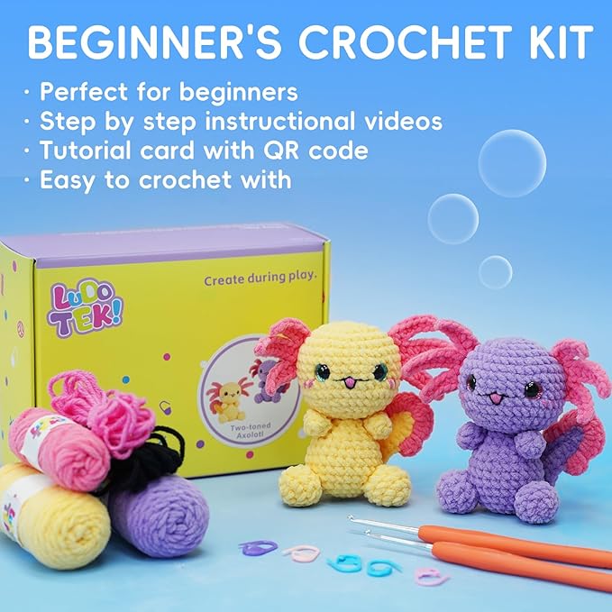LUDOTEK Crochet Kit for Beginners, Crochet Animal Kits,Crocheting Kit for Starters with Step-by-Step Video Tutorials, Beginner Crochet Kits for Adults(2 Pack Axolotl)