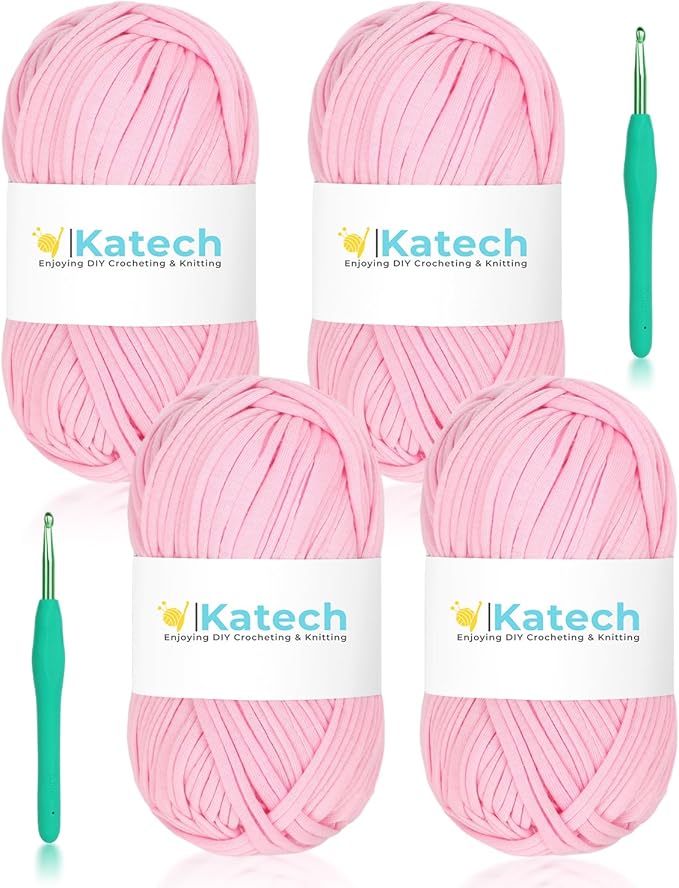 Katech T-Shirt Yarn in Pink for Crocheting, 4x100g/130yds Elastic Fabric Kit for Knitting & Hand DIY Projects, Home Decor