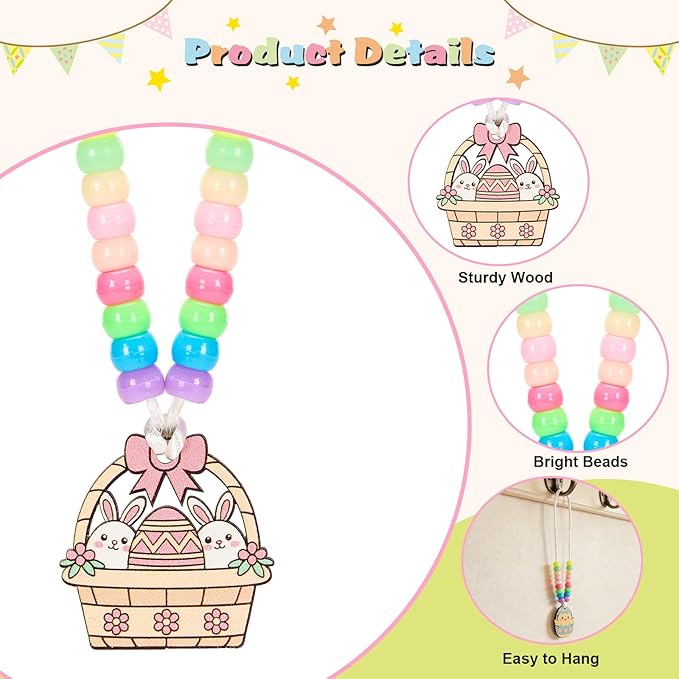 Bafeil 24 Set Easter Crafts Bead Necklace Making Kit for Kids - DIY Make Your Own Bunny Necklace for Arts and Crafts Project, Classroom Activities Gifts, Party Favors & Easter Basket Stuffers