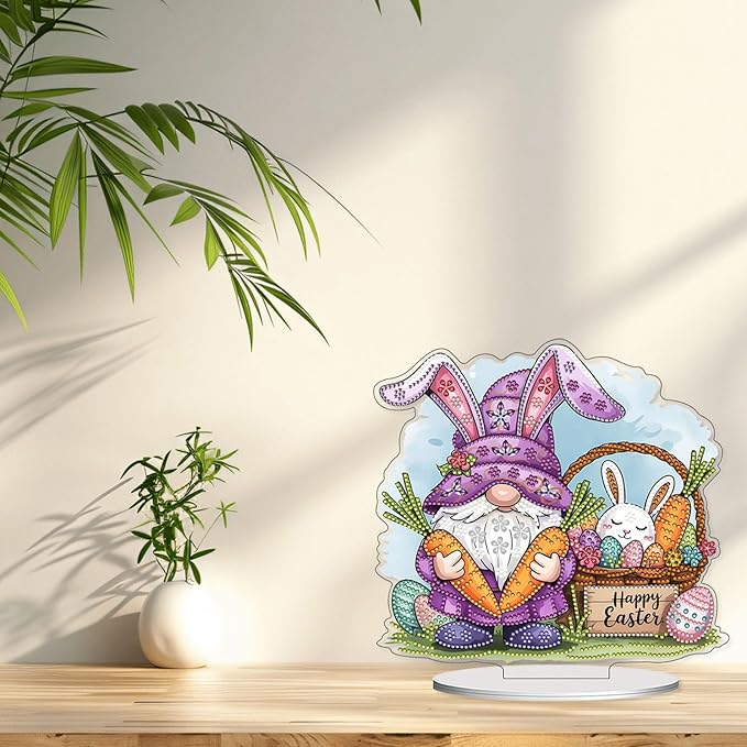 VODAPYC Easter Diamond Art Tabletop, DIY Stand Up Double Sided Special Shaped Partial Diamond Art Desktop Ornaments for Home Decor (Easter Gnome)