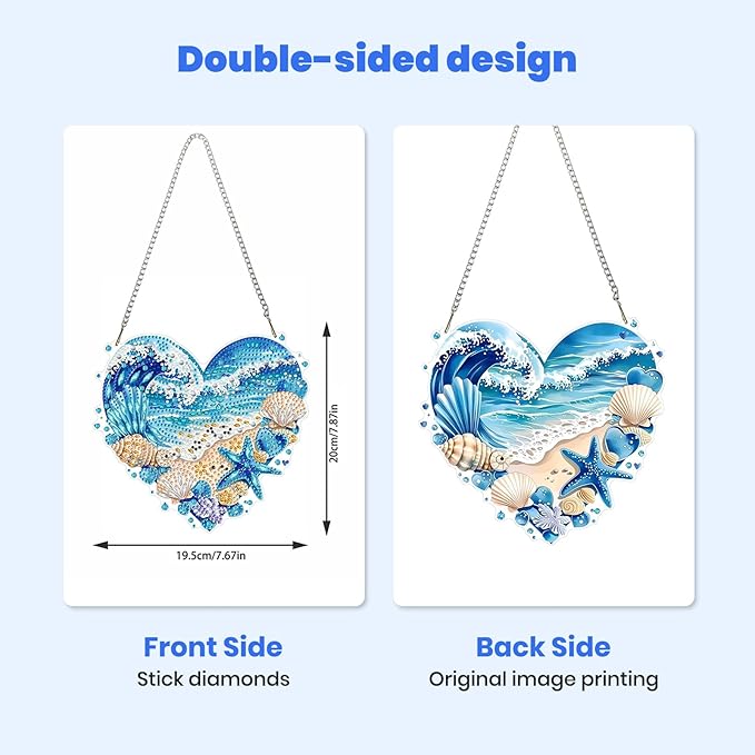 MXJSUA Waves Beach Diamond Painting Art Window Suncatchers, Diamond Art Kits for Adults Hanging Ornaments with Chain, 5D Special Shape Crystal Diamond Pendant Accessories for Decor Gift 8x8 Inch