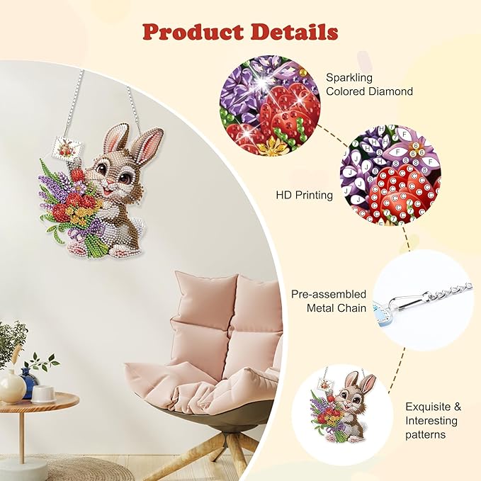HEIBAGO Easter Bunny Diamond Art Hanging Kits for Adults, Diamond Art Suncatchers Rabbit, 5D Special Shape Diamond Painting Pendant, DIY Window Ornament Gifts for Home Garden Door Wall Decor 8.3x8.3In