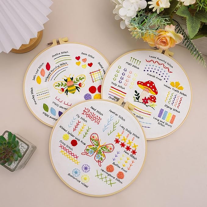 Louise Maelys Embroidery Kit for Beginners,3 Packs Practice Tool for Adults,Learn 30 Basic Stitches,DIY Hand Sewing Gift,Cross Stitch Starter Kits with Hoop Needles Instruction and Threads
