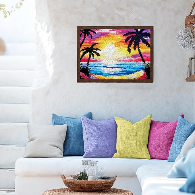 ORIGACH Sunset by The Beach Latch Hook Rug Kit for Adults Printed Rug Making Kit Handmade Carpet Tapestry Cover with Hook Latch and Preprinted Canvas, Home Arts Crafts Sofa Decor, 20.5x15inch