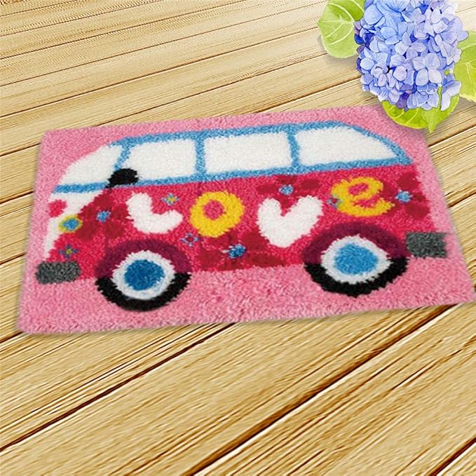 LAPATAIN Latch Hook Kits DIY Crochet Yarn Kits,Carpet Embroidery Hook Rug Kit Needlework Sets Cushion for Adults Home Decor Bus 20x15inch(Love)